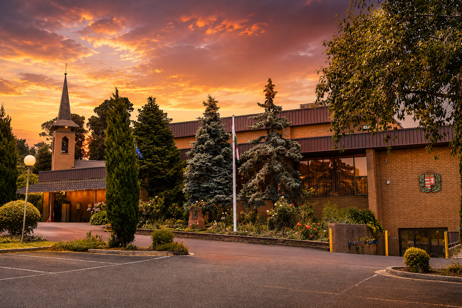 The Hungarian Community Centre grounds at sunset